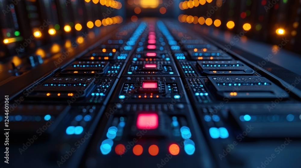 Poster close-up view of illuminated circuit boards in a high-tech server room with vibrant lights (1)