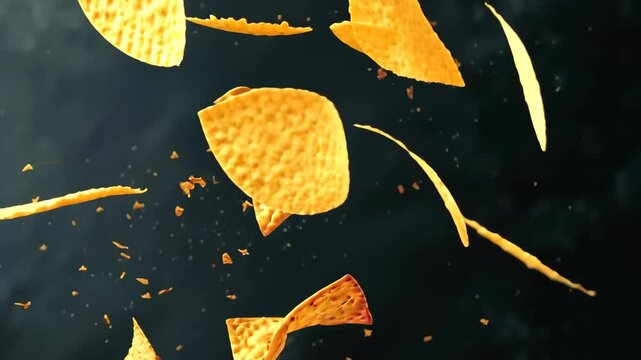 Crunchy fresh Doritos soar through the air against a dark backdrop, enticingly delicious, Ai Generated.