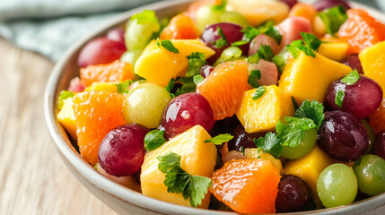 Vibrant fruit salad with a mix of fresh mango, kiwi, strawberries, and blueberries, served in a stylish glass bowl