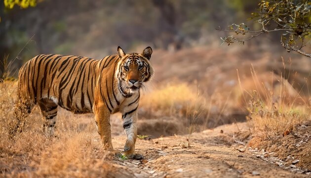 Majestic Indian Tiger Roaming Freely in Ranthambore National Park, Set Against a Backdrop of Rugged Terrain and Lush Greenery at Dusk.