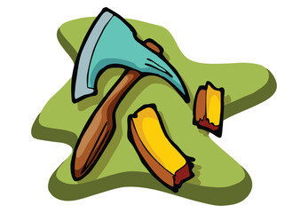 Sawmill timber mill lumberjack isometric composition with isolated image of wood stubs with axe vector
