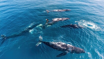 Majestic Aerial Perspective of a Group of Whales Frolicking in Turquoise Ocean Waters Surrounded by a Stunning Seascape