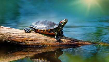 Fototapeta premium Winter struggle of a Redeared Slider turtle pulled out on a log, set against the tranquil yet ominous winter landscape of a pond, at.