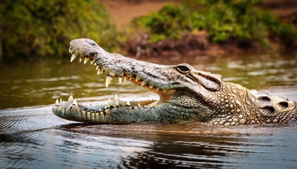 Vigilant Nile Crocodile Basking on the Muddy Riverbank of Ugandan Savannah at Sunset, showcasing Earthy Tones and Wild African Majesty