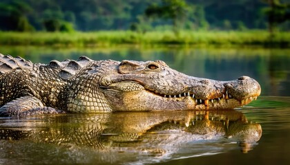 Majestic Crocodile Basking in Ugandan Savannah at Sundown, Capturing the Raw Beauty and Power of Africas Wildlife amidst a Palette of Setting Suns Glow.