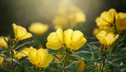 Obraz premium Oenothera biennis, Evening primrose yellow flowers in the herb garden