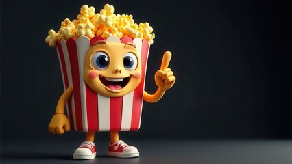 A playful cartoon character shaped like a popcorn bucket stands confidently with a wide smile and raised finger. Copy space