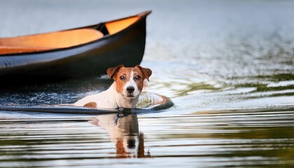 Joyful Jack Russell Playfully Swims Near a Canoe Amidst Serene, Sunlit Lake, Capturing a Moment of Unbridled Happiness
