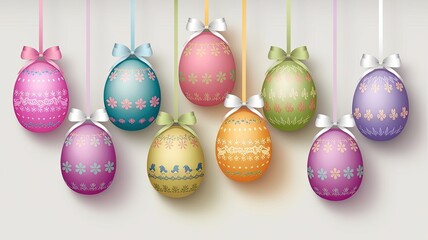 Easter eggs hanging from above on ribbons