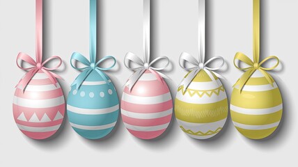 Easter eggs hanging on ribbons