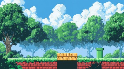 Pixelated Summer Landscape: A vibrant pixel art scene depicting a sunny summer day in a lush green forest, featuring iconic gaming elements like a brick wall, pipe, and lush trees.