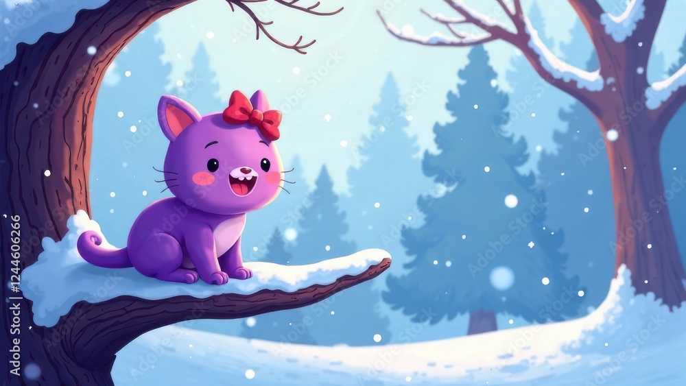 Aufkleber a purple kitten with a red bow sits happily on a snow-covered branch. surrounding evergreen trees ar