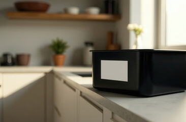 A modern kitchen showcases a black storage container on a light countertop. Sunlight filters through a window, highlighting plants and minimalistic decor in the background. Copy space