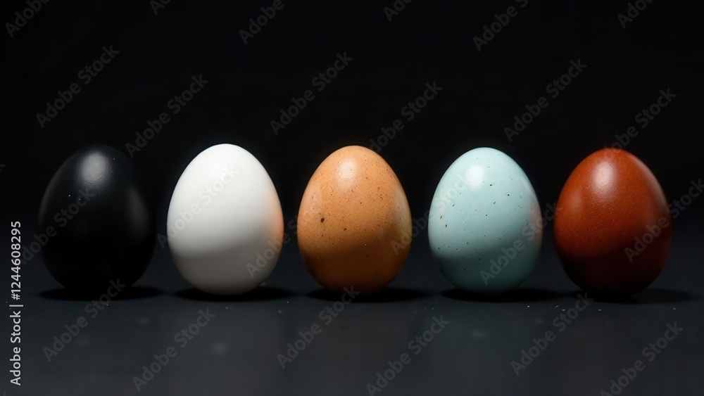 Poster five decorative eggs of various colors and textures are neatly arranged in a row. the eggs rest on a