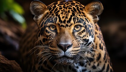 Obraz premium Striking Jaguar Up Close at Sunset in a Serene Savannah, Capturing the Majesty and Power of Natures Apex Predator as it Gazes into the Distant Horizon