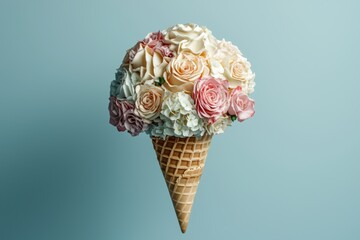 Floral Delight. Minimalist photography combines nature and dessert, featuring a waffle cone filled with delicate spring flowers. Concept of spring, women's day, Valentine's day and Mother's day.