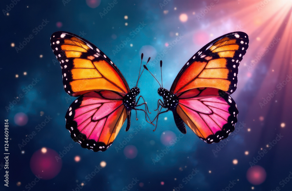 Poster two vibrant butterflies with intricate patterns and vivid colors float gracefully amidst a cosmic ba