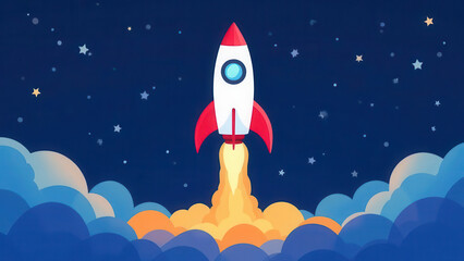 A rocket blasts off into a starry night sky, surrounded by vibrant clouds. The bright flames from the rocket's engines illuminate the scene, creating a sense of adventure and exploration.