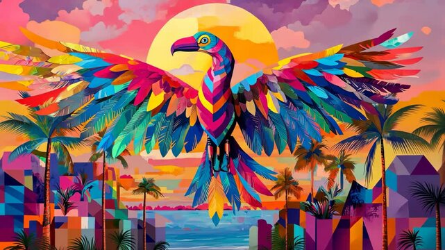 Vibrant parrot soaring over tropical sunset with abstract geometric background