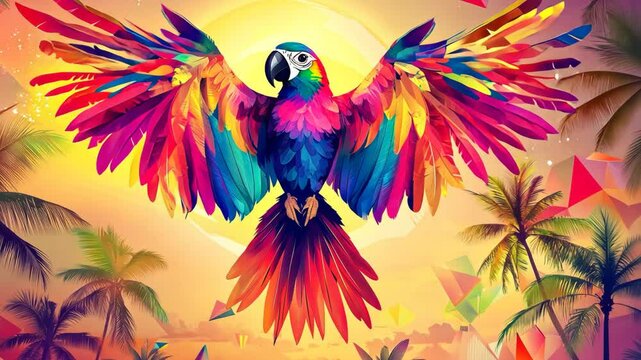 Vibrant parrot in tropical sunset with colorful feathers and palm trees