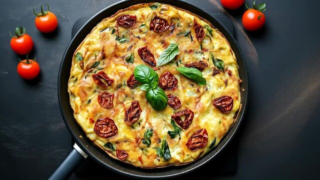 Delicious frittata preparation with fresh ingredients and herbs in a skillet
