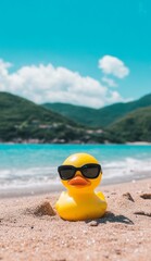 Cool duck on vacation. This photo shows a yellow rubber duck with black sunglasses sitting on a sandy beach, creating an atmosphere of summer vacation and relaxation.