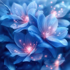 Glowing Blue Flowers Bloom with Pink Inner Lights, Nature's Serene Beauty, Dreamlike Macro Shot.