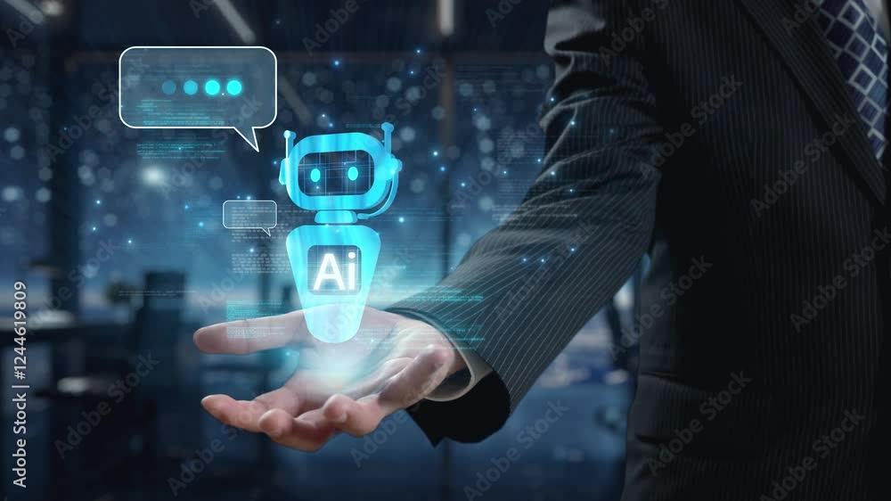 Poster human interact with ai artificial intelligence virtual assistant chatbot in concept of ai artificial