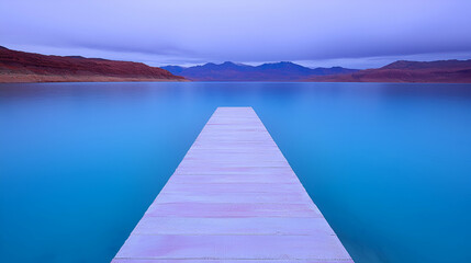 Fototapeta premium Serene lake, wooden pier, mountain backdrop, calm waters, peaceful landscape, travel photography