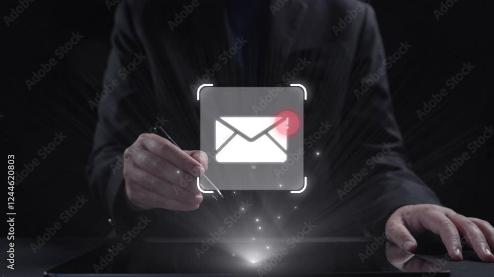 Poster business person checking email inbox, organizing and prioritizing messages for better productivity. 