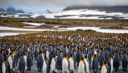 Vibrant King Penguin Navigating a Colony in the Frosty Antarctic Landscape, Showcasing Stark Contrasts of Black and White Against the Icy Backdrop.