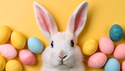 Easter-themed composition with bunny ears and pastel eggs in white, pink, blue, and yellow palette. Ai Generative