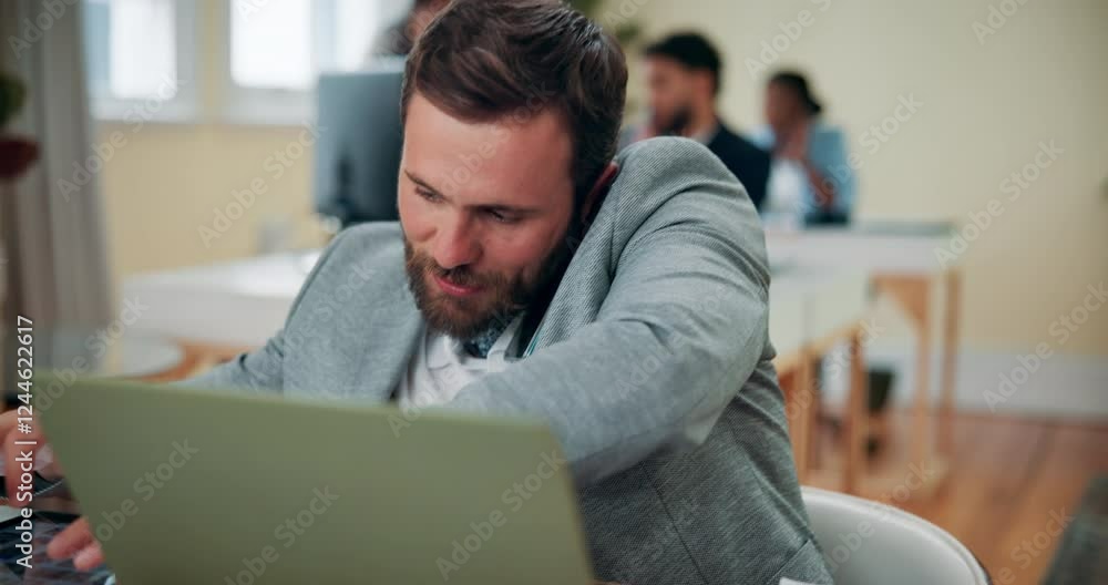 Poster phone call, laptop and business man typing email, talking and multitask with tablet in office. mobil