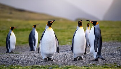 Fototapeta premium Striking King Penguins in Downy Plumage Amidst the Snowy Landscape of South Georgia Island, Southern Ocean