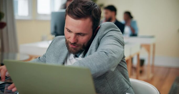 Phone call, laptop and business man typing email, talking and multitask with tablet in office. Mobile, computer and worker in conversation with contact for investment funding or negotiation offer