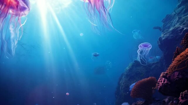 Two luminous jellyfish gracefully drift in the deep blue sea. Concept of marine life.