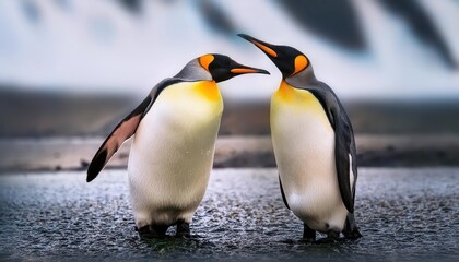 Fototapeta premium Enchanting Moment Two King Penguins Embracing on a Stunning Snowy Island Backdrop, Antarcticas Frosty Shore Captured in Soft Light