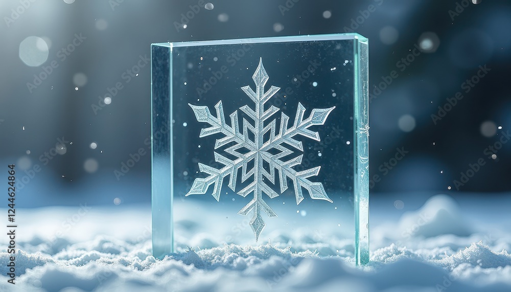 Poster festive winter scene: transparent glass block with snowflake etching and bokeh effect