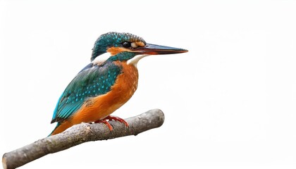 Obraz premium Striking Kingfisher Bird Perched on a Forest Branch Against a Pristine White Background, Showcasing Vibrant Colors and Majestic Grace in a Serene Woodland Scene.