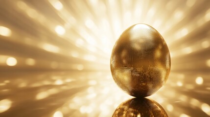 Obraz premium Golden Disco Easter Egg as a 3D golden disco ball, shining intensely in the center of an abstract scene filled with dazzling golden light and dynamic sparkles. Concept of party and celebration.