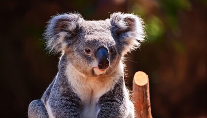 Fototapeta premium Adorable Koala Peering Curiously from Gum Tree at Australia Zoo on Sunshine Coast, Queensland at Warmth of Australian Wildlife Captured in a Moment