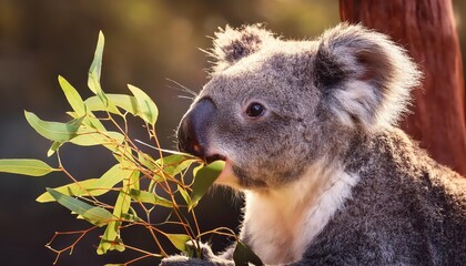 Obraz premium Stunning Koala Marsupial Munching Eucalyptus Leaves in an Australian Wildlife Sanctuary, Capturing the Natural Beauty and Tranquility of Australias Bushland at Dusk