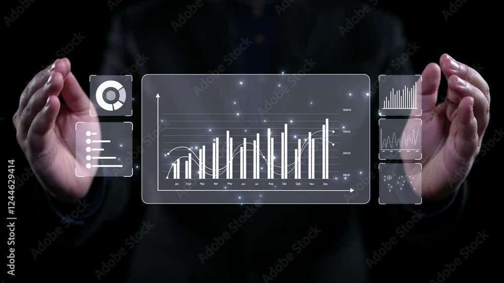 Poster business person delve into data analytics to uncover trends and insights from predictive big data mo