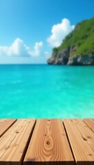 Fototapeta premium Rustic wood tabletop over blurry turquoise sea and bright sky, travel, sun, blue