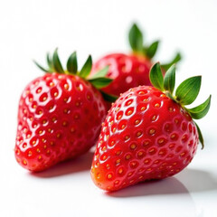 Fresh strawberries with green leaves, covered with tiny water droplets, rich red color