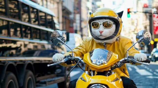 Feline courier masters urban mobility. Whiskered professional navigates downtown intersection with scooter expertise. Static camera captures unexpected scene.