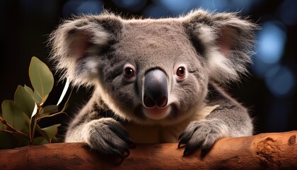 Naklejka premium Enchanting Koala Snuggled in Australian Eucalyptus at Dusk, Radiating Peace and Serenity under a Soft Sunset Sky