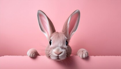 Obraz premium Cute white rabbit ears appearing from a hole on pastel pink, a delightful Easter design. Ai Generative