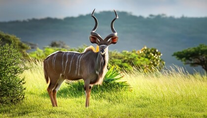 Naklejka premium Majestic Kudu Stands in the Golden Grass of the African Savannah as the Dawn Breaks, Showcasing a Spectacular Sunrise and the Vibrant Colors of the Wild.