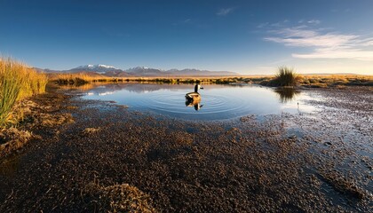 Obraz premium Serene Moment A Majestic Duck Swims Across the Tranquil Lake in the Pampas Lagoon Environment, La Pampa Province, Patagonia, Argentina